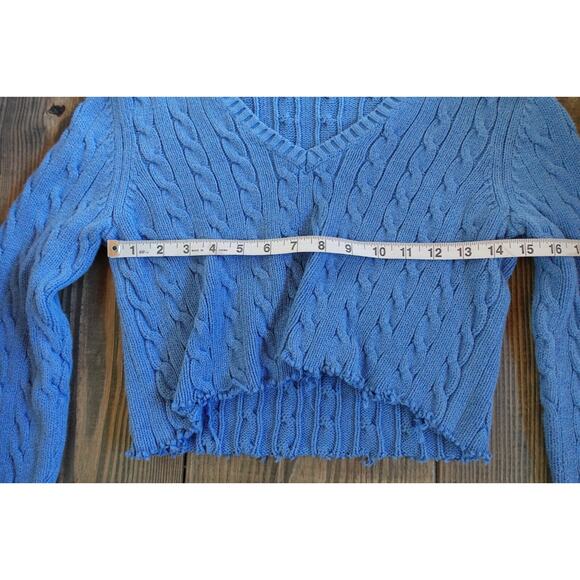 Vintage 90s Tommy Hilfiger Sweater Womens Medium Blue Cutoff Boxy Cropped Grunge - Picture 4 of 6